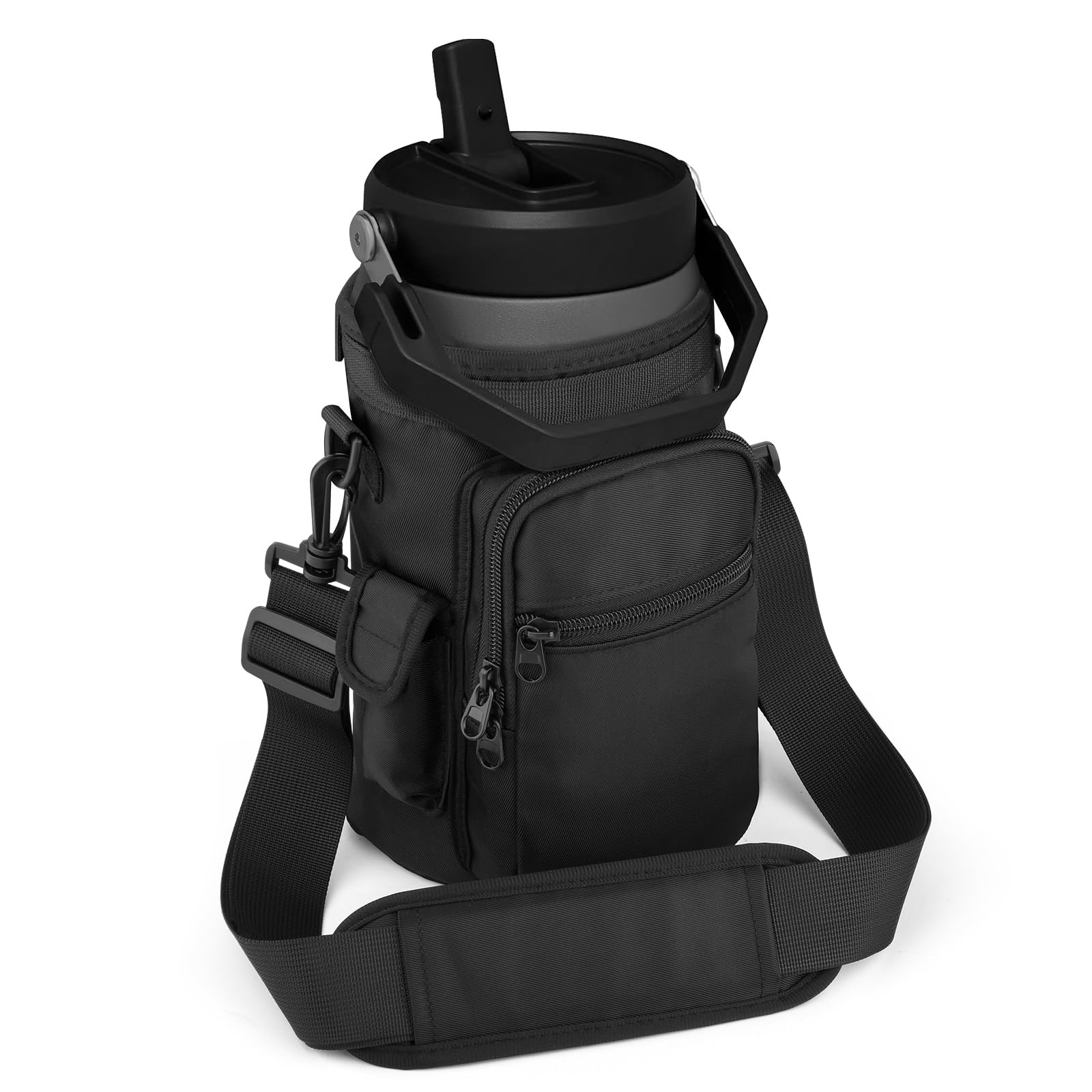 Photo 1 of Xxerciz Water Bottle Carrier Bag with Phone Pocket for Stanley IceFlow 40/64oz Tumbler Insulated Water Bottle Holder Pouch with Strap Water Bottle Bag with Carabiner for Stanley Cup Accessories (64oz)