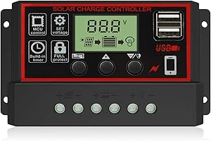 EEEKit 20A Solar Charge Controller, 12V 24V Dual USB Port Solar Panel Battery Intelligent Regulator, Multi-Function Adjustable LCD Display with Timer Setting On/Off Hours, Black