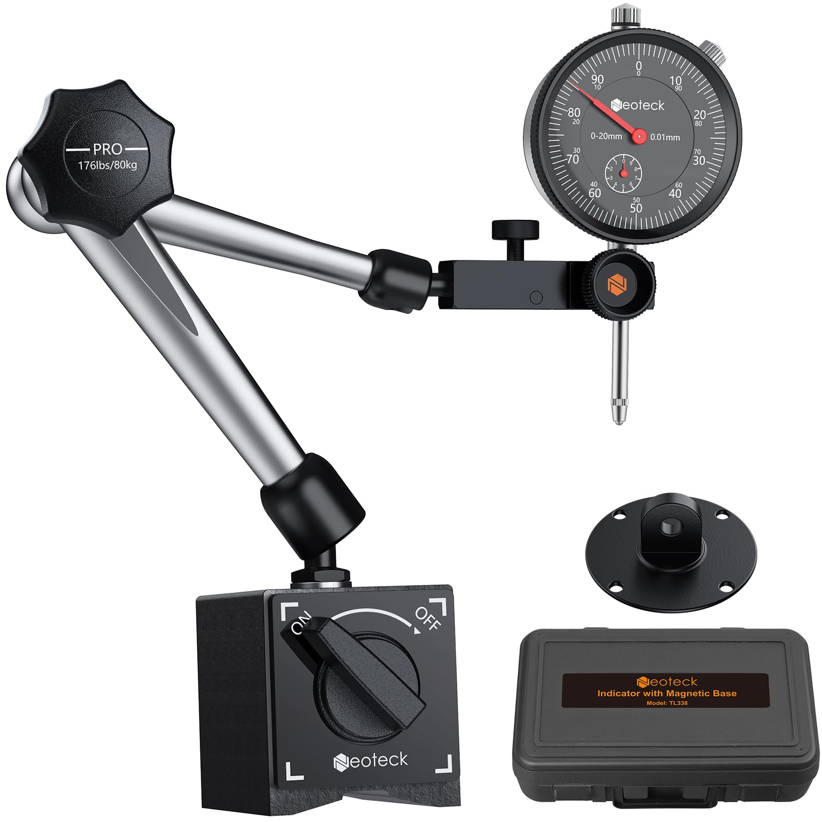 Neoteck Dial Indicator Gauge and Magnetic Base Set - 0-20 mm Measuring Tool - Max Pull 176lbs (80kg) - Black