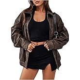 BEAUDRM Women's PU Leather Jackets Vintage Zip Up Collared Long Sleeve Motorcycle Jacket Coats