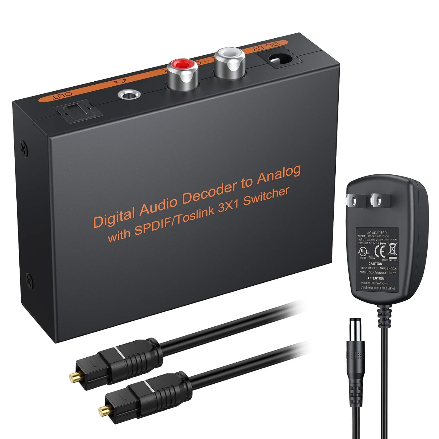 eSynic Digital to Analog Audio Decoder 3 Port Optical SPDIF Toslink to L/R RCA 3.5mm Stereo Audio Toslink Optical Switcher Splitter with 6.5ft OD 4.0 Cable Power Adapter Support DTS AC3 2.0 LPCM