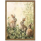 Framed Vintage Rabbit Wall Art, Cute Easter Bunny Pictures Wall Decor, Cottagecore Farmhouse Animal Paintings Canvas Prints Spring Rustic Home Decor for Living Room Nursery Bedroom 12x16 inch