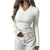 Verdusa Women's Cable Knit Sweater V Neck Long Sleeve Fitted Pullover Tops Business Casual Fall Outfits