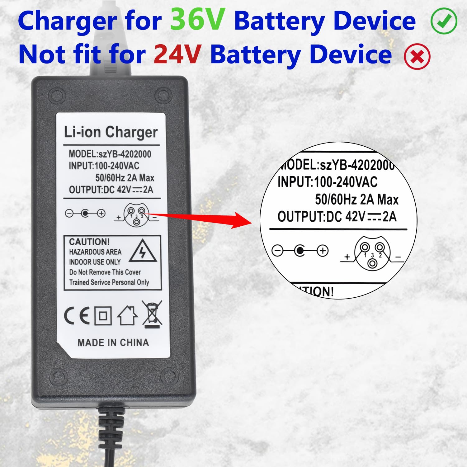 Cordro 42V 2A Charger Universal 5 Plugs Replacement for 36V Lithium Battery, Pack DC 5.5 * 2.1/2.5 with 8mm 3 Prong /12mm 3 Prong /8mm RCA/3-Pin Male XLR Connector, Power Adaptor Supply Cord