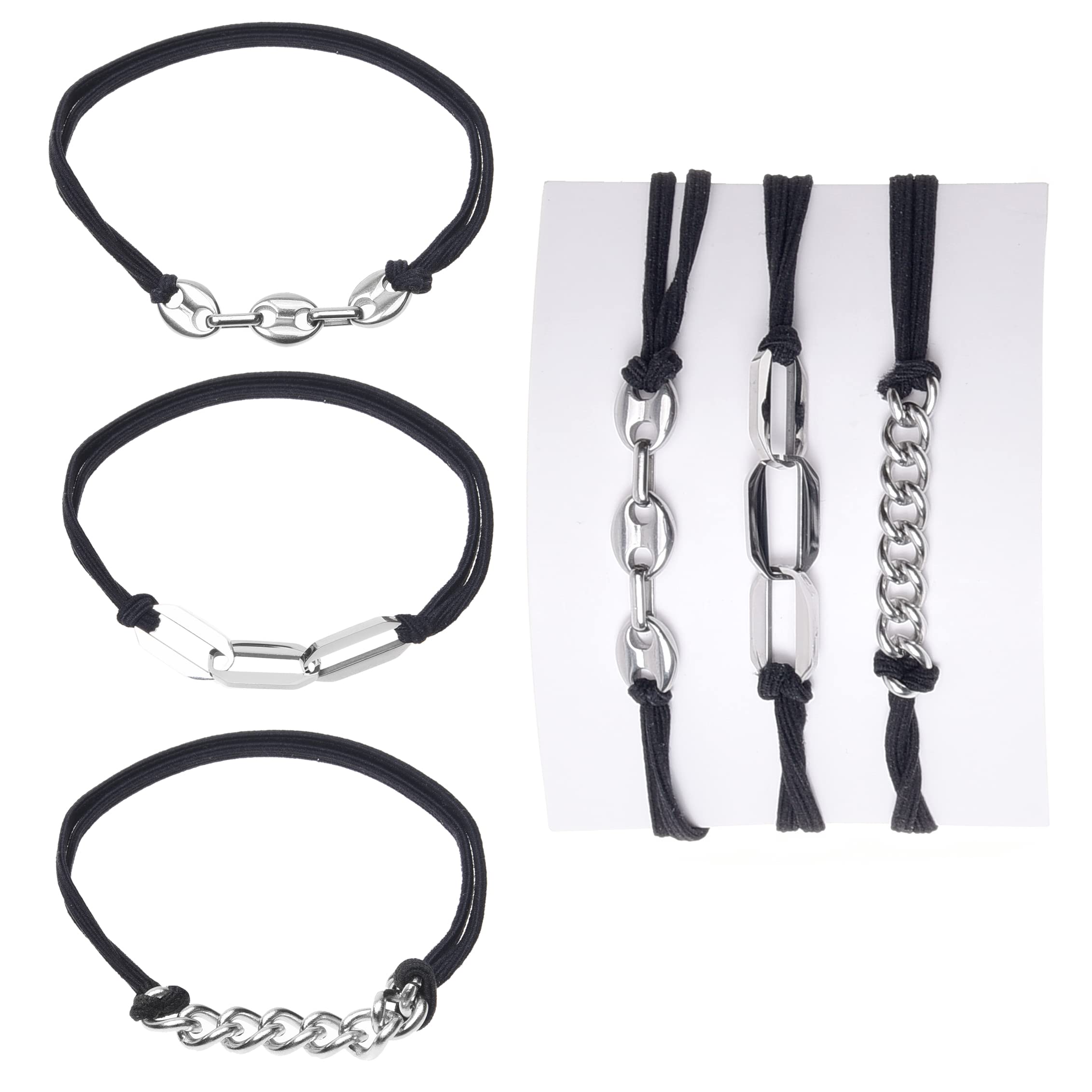 Eco-Fused 3x Bracelet Hair Ties - Elastic Decorative Jewelry Ponytails - Fashionable Wear on Wrist Ties - For Men, Women, Girls, Teens (Black with Silver Metal Chain)