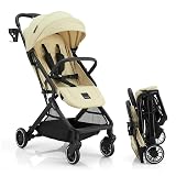 Gromast Compact Fold Baby Stroller, Lightweight Travel Toddler Stroller with One-Click Fold, Extendable UPF50+ Canopy, Cup Holder, UV Protected and Waterproof, One-Hand Folding - Beige