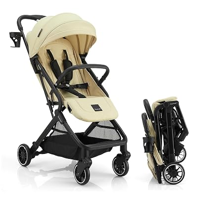 Gromast Compact Fold Baby Stroller, Lightweight Travel Toddler Stroller with One-Click Fold, Extendable UPF50+ Canopy, Cup Holder, UV Protected and Waterproof, One-Hand Folding - Beige
