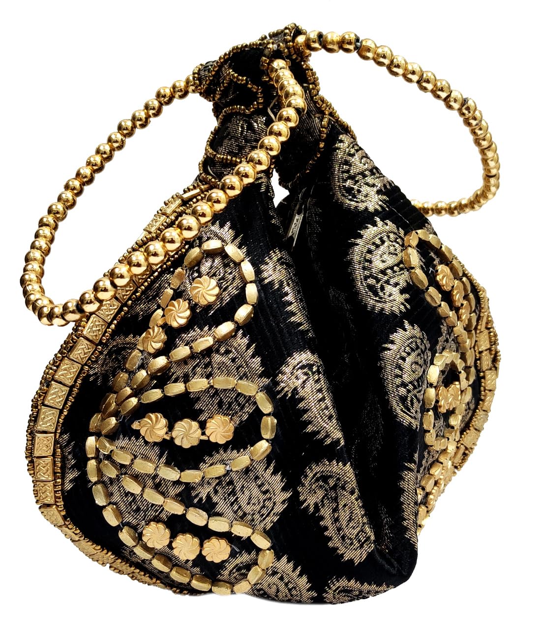 Purpledip Silk Clutch Purse In Pyramid Design: Ladies Handbag Potli With Sequin Embroidery, Black (12531E)