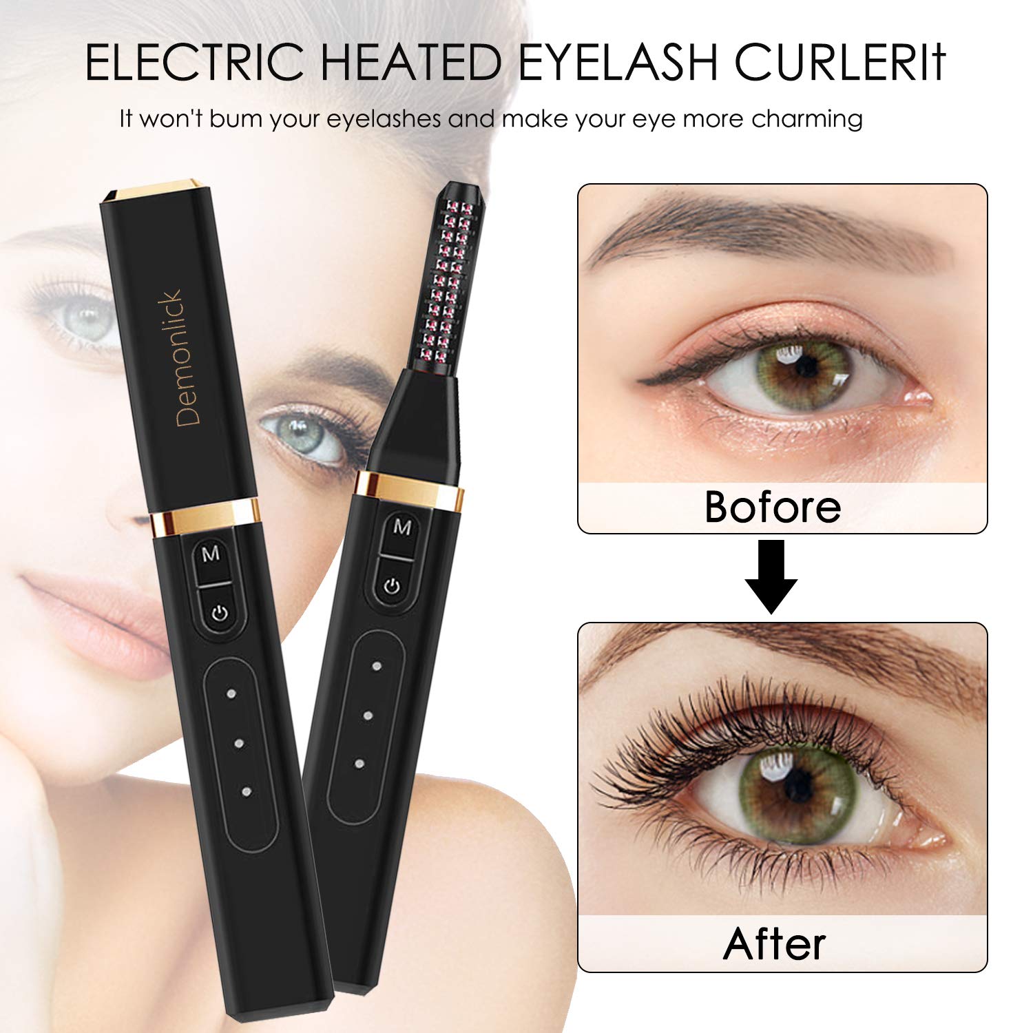Heated Eyelash Curler, Demonlick Rechargeable Electric Eyelashes Curlers with Double-Sided Eyelash Brush, Quick Long-Lasting Mini Eye Lash Make-Up Tool for Girls Women Gift : Beauty