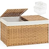 SETVSON Storage Basket with Lid Rattan Woven Storage Baskets with 2 Separate Lids, 17.2 Gallon (65 L), 22 x 13 x 13.8 Inches,Foldable, 2 Removable Liner Bags Handles for Bedroom, Laundry Room Natural