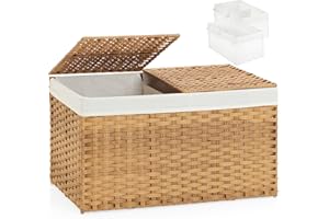 SETVSON Storage Basket with Lid Rattan Woven Storage Baskets with 2 Separate Lids, 17.2 Gallon (65 L), 22 x 13 x 13.8 Inches,Foldable, 2 Removable Liner Bags Handles for Bedroom, Laundry Room Natural