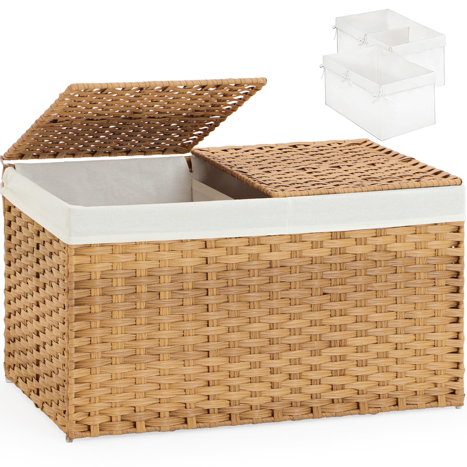 Photo 1 of ******reference photo******SETVSON Storage Basket with Lid Rattan Woven Storage Baskets with 2 Separate Lids, 17.2 Gallon (65 L), 22 x 13 x 13.8 Inches,Foldable, 2 Removable Liner Bags Handles for Bedroom, Laundry Room Natural