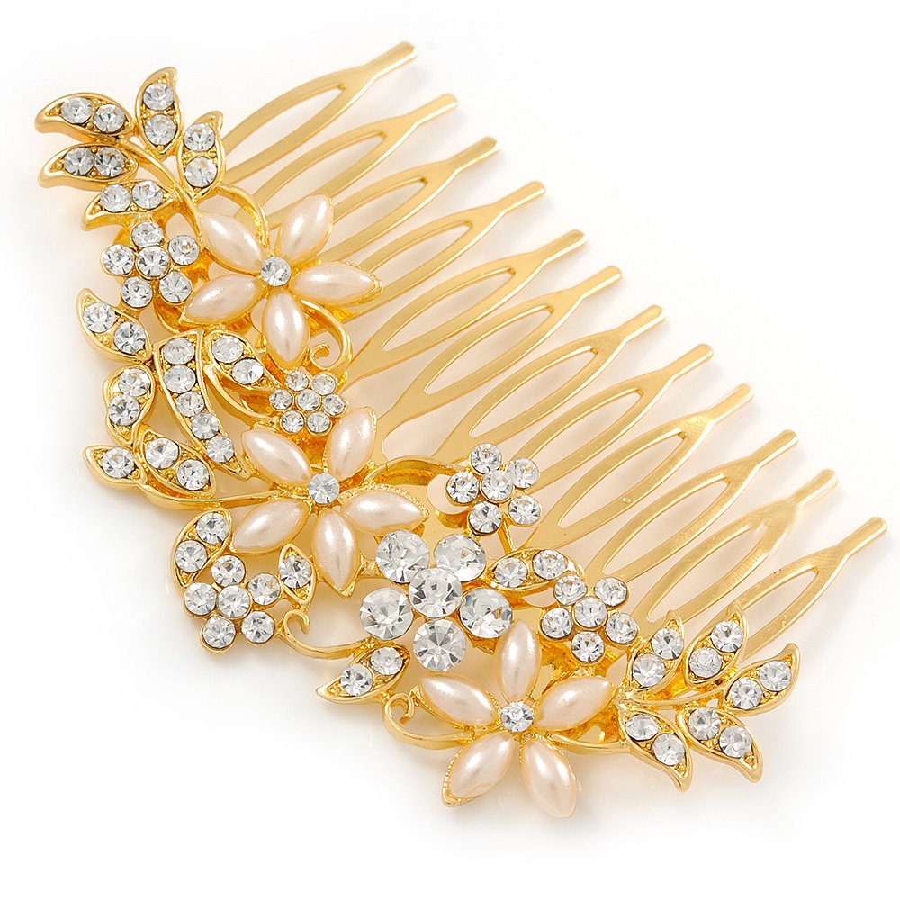 Bridal/Wedding/Prom/Party Gold Plated Clear Crystal and Light Cream Simulated Pearl Floral Hair Comb - 85mm