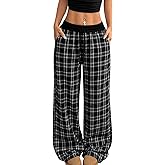 Women's Gingham Pants Plaid Casual Y2k Flannel Pajama Pants Wide Leg Baggy Pants Long Trousers with Pockets