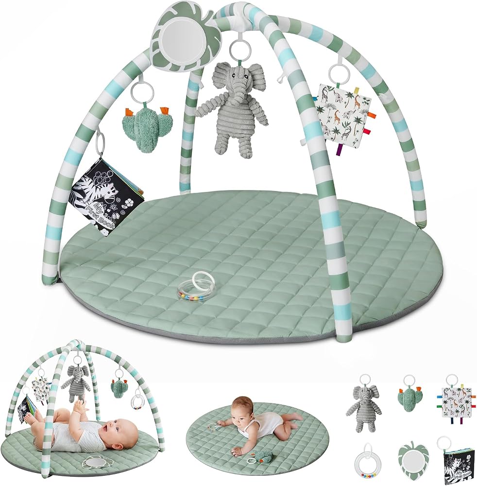 Blissful Diary Baby Play Gym Mat, Play Mat Activity Mat with 6 Detachable Toys for Stage-Based Sensory & Motor Skill Developm