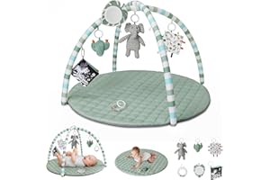 Baby Play Gym Mat, Tummy Time Activity Mat with 6 Detachable Toys for Stage-Based Sensory and Motor Skill Development, Washable Play Mats for Infant, Newborn Baby Essentials, Sage Green