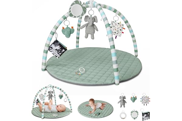 Baby Play Gym Mat, Tummy Time Activity Mat with 6 Detachable Toys for Stage-Based Sensory and Motor Skill Development, Washab