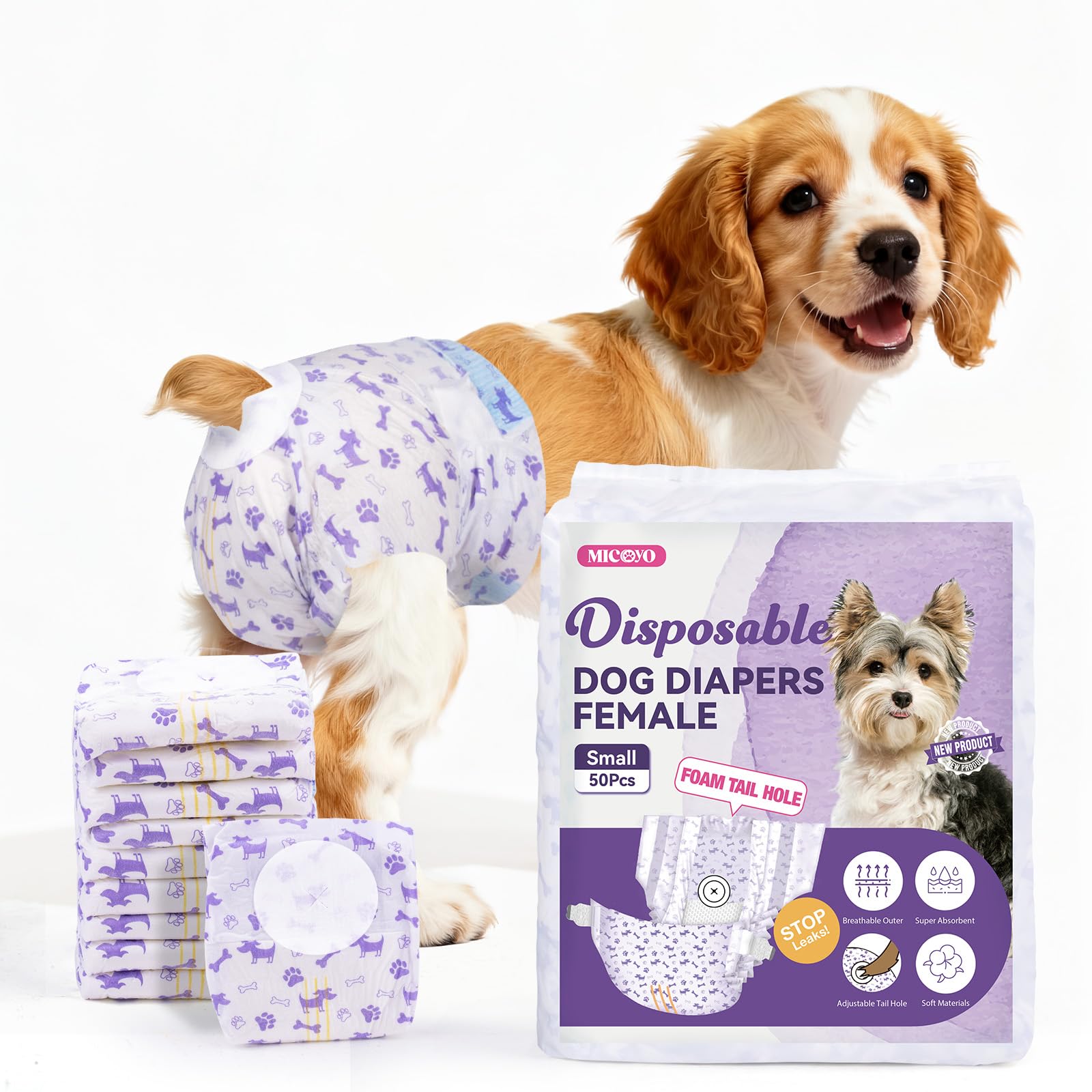 MICOOYO Dog Nappies Female 50 count, Disposable Dog Period Pants with Adjustable Tail Hole, Super Absorbent Diapers for Female Dogs Cat in Heat Season Incontinence(S)