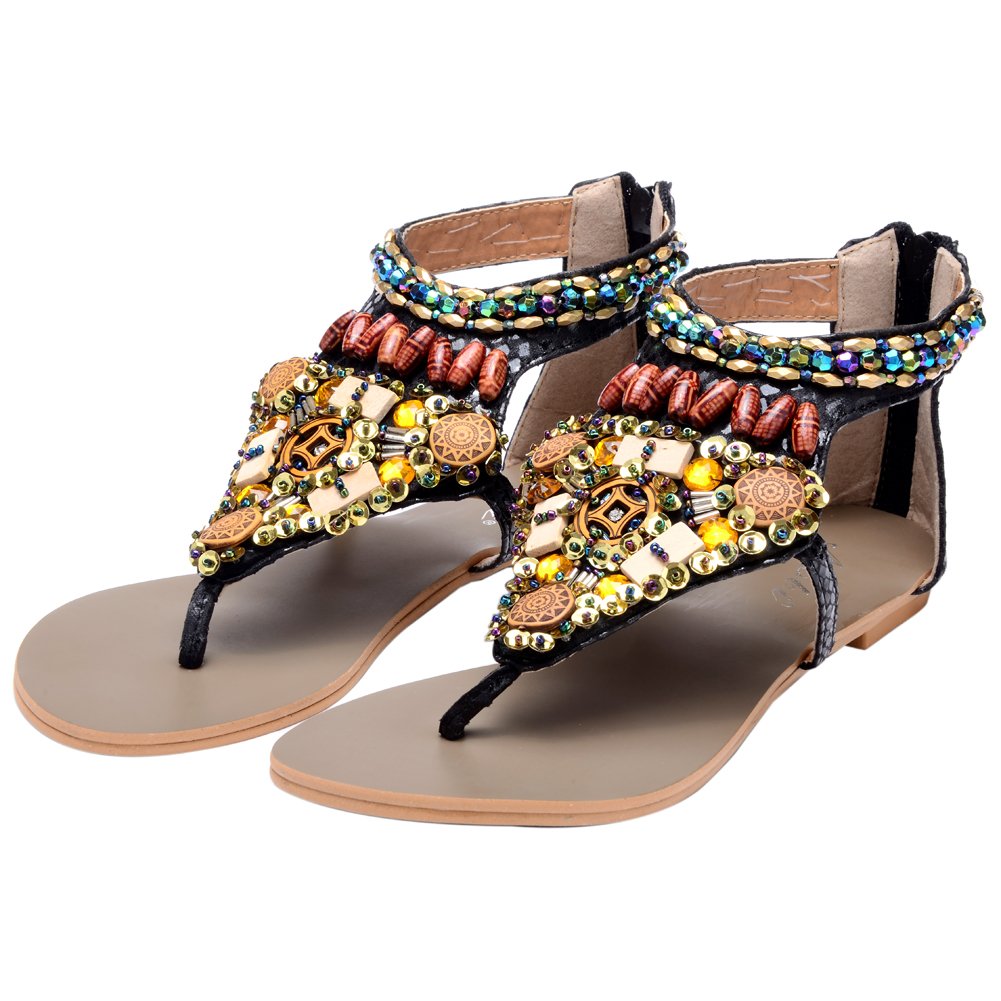 Odema Summer Bohemian Colorful Beaded Snake Pattern Flat Womens Beach Thong S. Black - Image 8