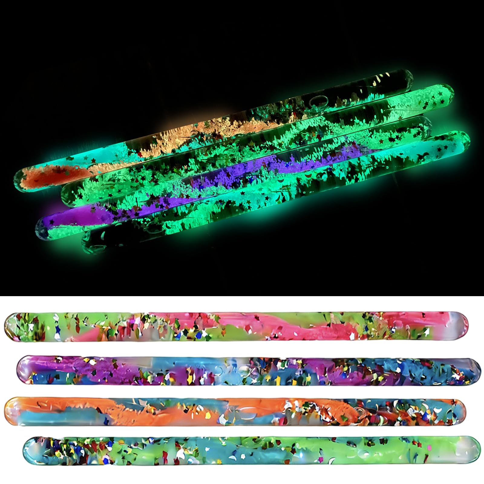 Omuyasi 4Pcs 30cm Jumbo Spiral Glitter Wands for Kids, Sensory Sticks Party Bag Fillers, Glow-in-the-Dark Sensory Toys, Autism Sensory Equipment, Magic Wands for Princess Fairy & Wizard Party