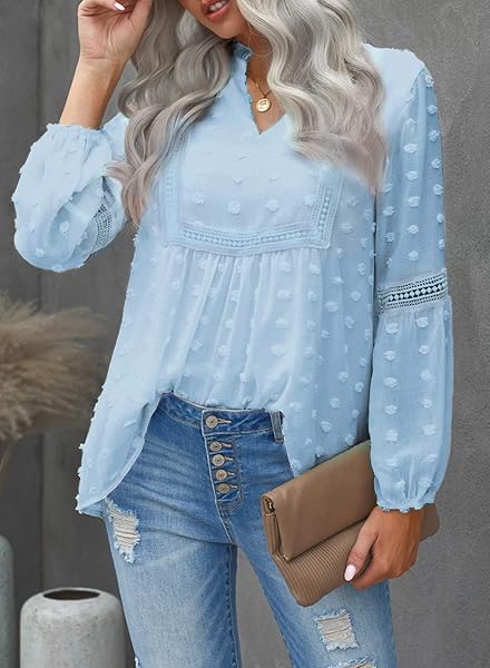 GRACEINES WOMENS ELEGANT CHIFFON V NECK BLOUSE LONG SLEEVE CASUAL POM POM SHIRT SWISS DOT TUNIC TOPS A-BLUE