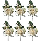 BECIEM 6PCS White Boutonniere for Men, Ivory Boutonniere Pins for Men Groomsmen Guest Boutonniere, Artificial Flowers for Wedding Decor Prom Homecoming