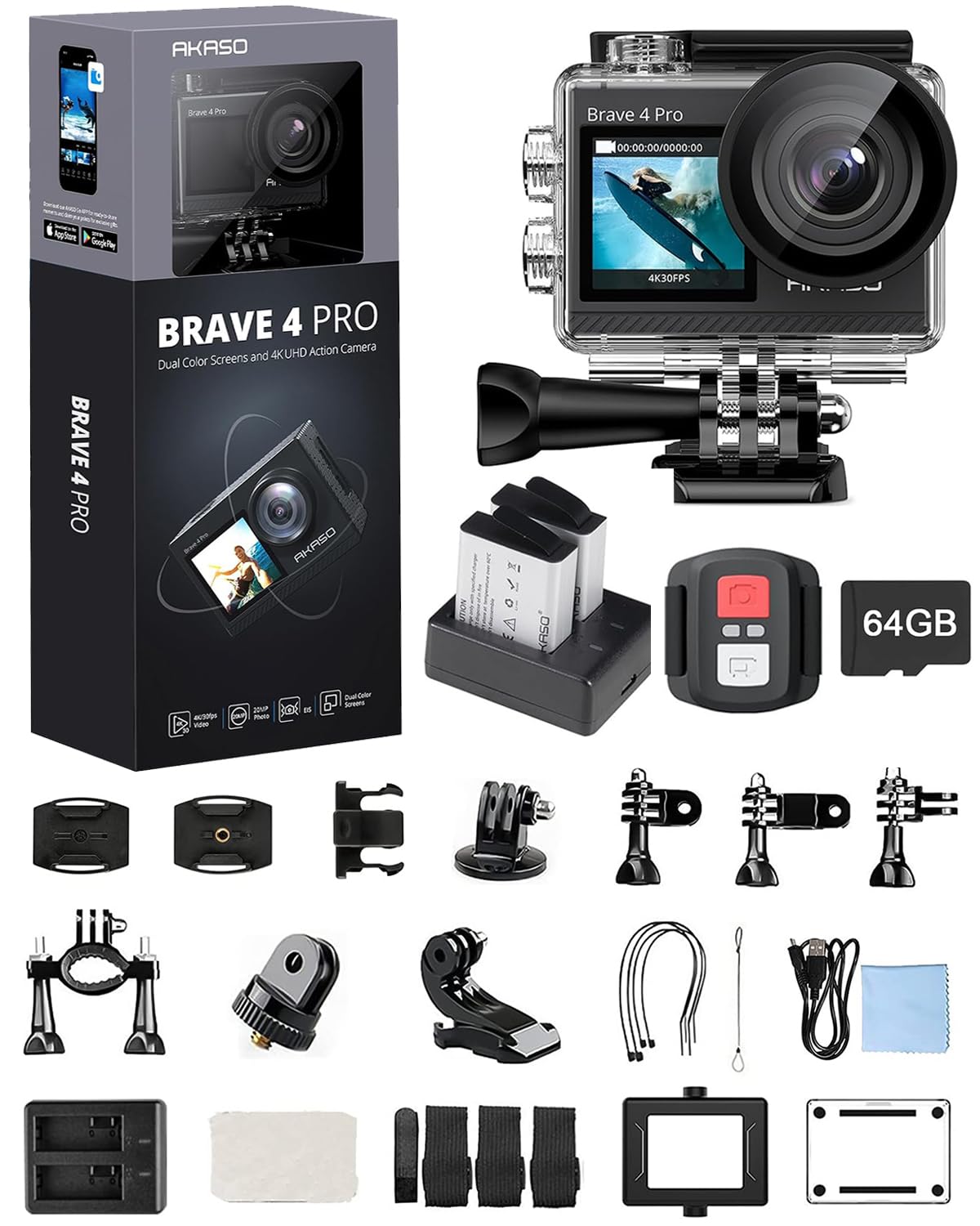 AKASO Action Camera Bundle with Brave 4 Pro 4K30fps