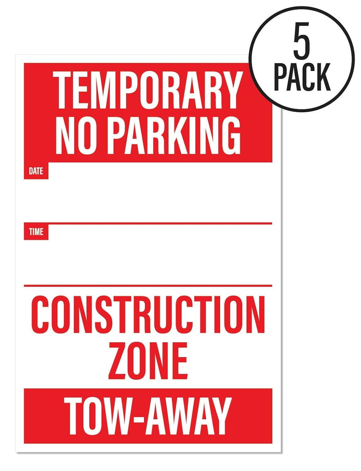 Temporary No Parking Sign | Large Notices for Construction Sites (Pack of 5) by Sutter Signs