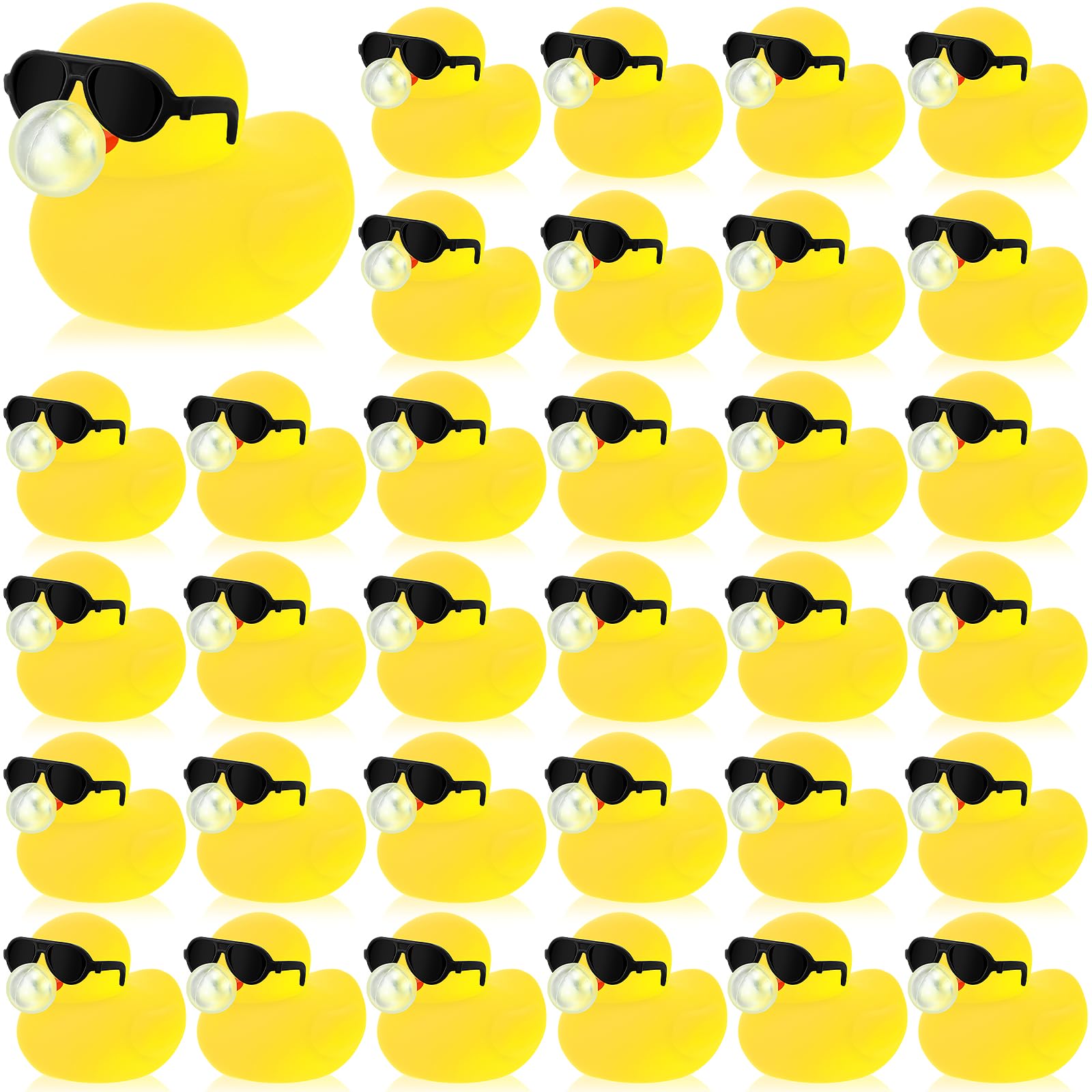 Photo 1 of HyDren 36 Pcs Yellow Mini Rubber Ducks with Sunglasses in Bulk 2 in Bath Floating Squeaky Squeeze Bubble Rubber Ducks Baby Preschool Water Bath Pool Toy for Baby Shower Birthday Party Favors Gift