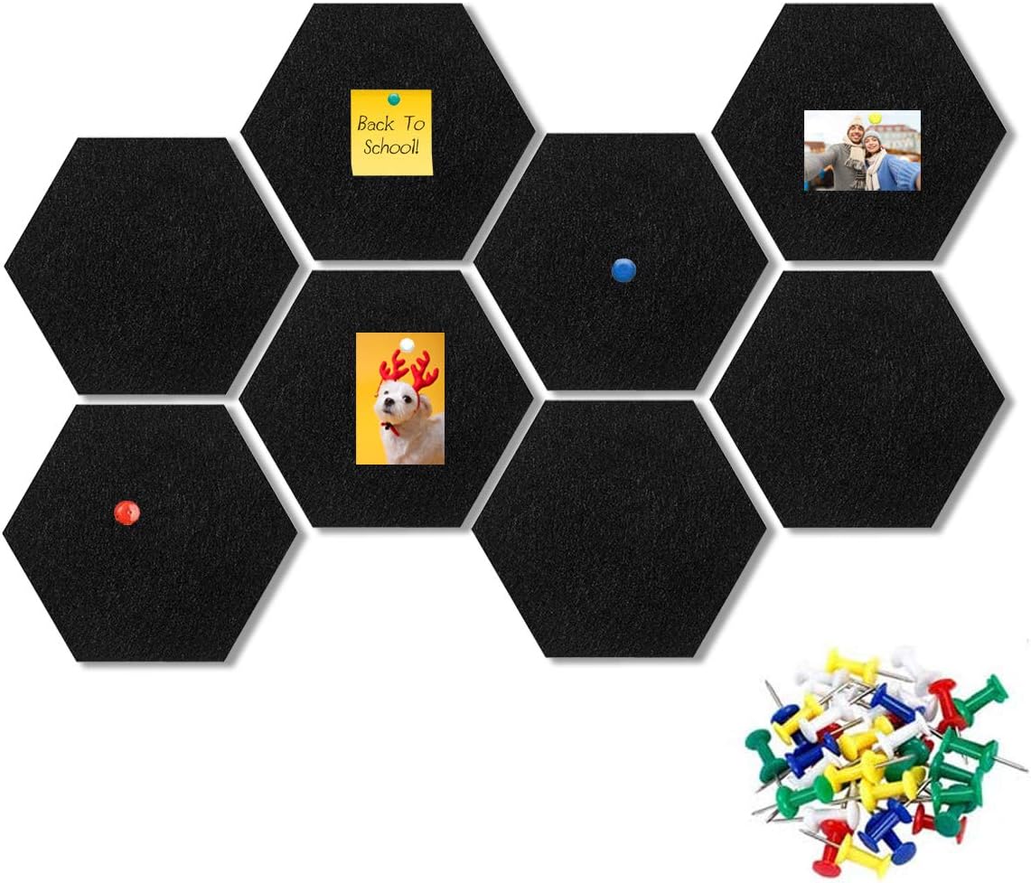 Hexagon Felt Board Felt Memo Pin Board with Push Pins Self Adhesive Cork Notice Decorative Board for Home Office Bulletin Hexagonal Board Wall Decor (Deep Gray)