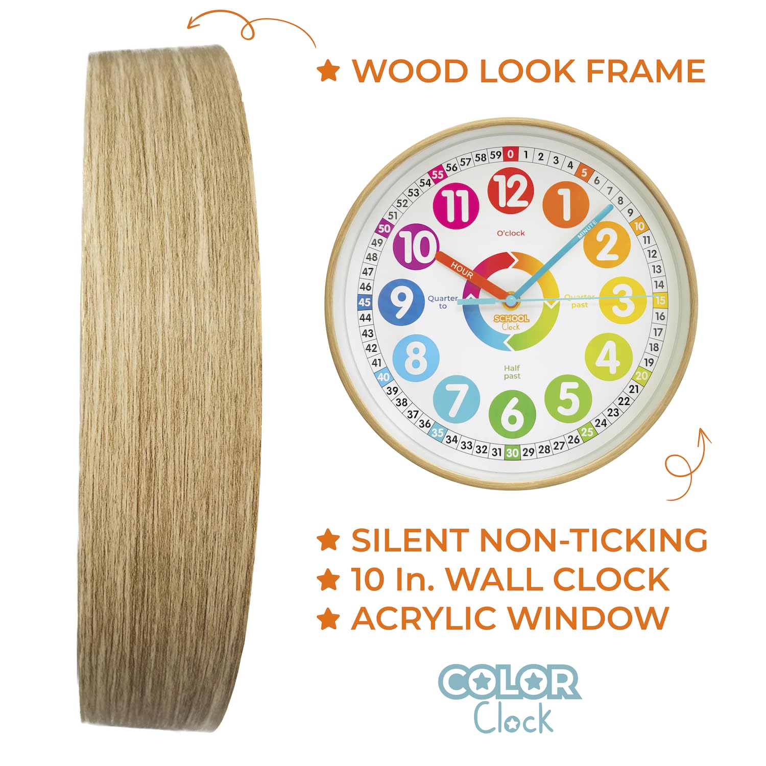 Preschool Collection Color Clock - Time Teacher 10 Inch Educational Silent Wall Clock with Colored Numbers - Easy to Read Analog Dial for Teacher's Classrooms, Kid's Bedroom & Children Playroom