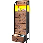 EnHomee 51.2" H Vertical Dresser with LED Lights, 7 Fabric Drawers Dresser for Bedroom, Sturdy Nightstands with Open Wood Shelf, Metal Frame, Bedside Table for Dorm, Entryway, Bathroom (Rustic Brown)