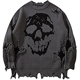 BEAUDRM Men's Skull Graphic Gothic Sweater Y2K Grunge Ripped Sweater Unisex Oversized Pullovers Long Sleeve Knit Streetwear