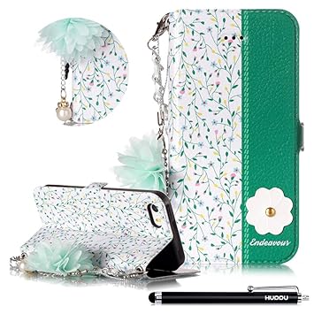 HUDDU Hülle iPhone SE Grün Schutzhülle Kompatibel mit Apple iPhone 5S/5 Handyhülle Slim Flip Leder Tasche Wallet Case Cover H