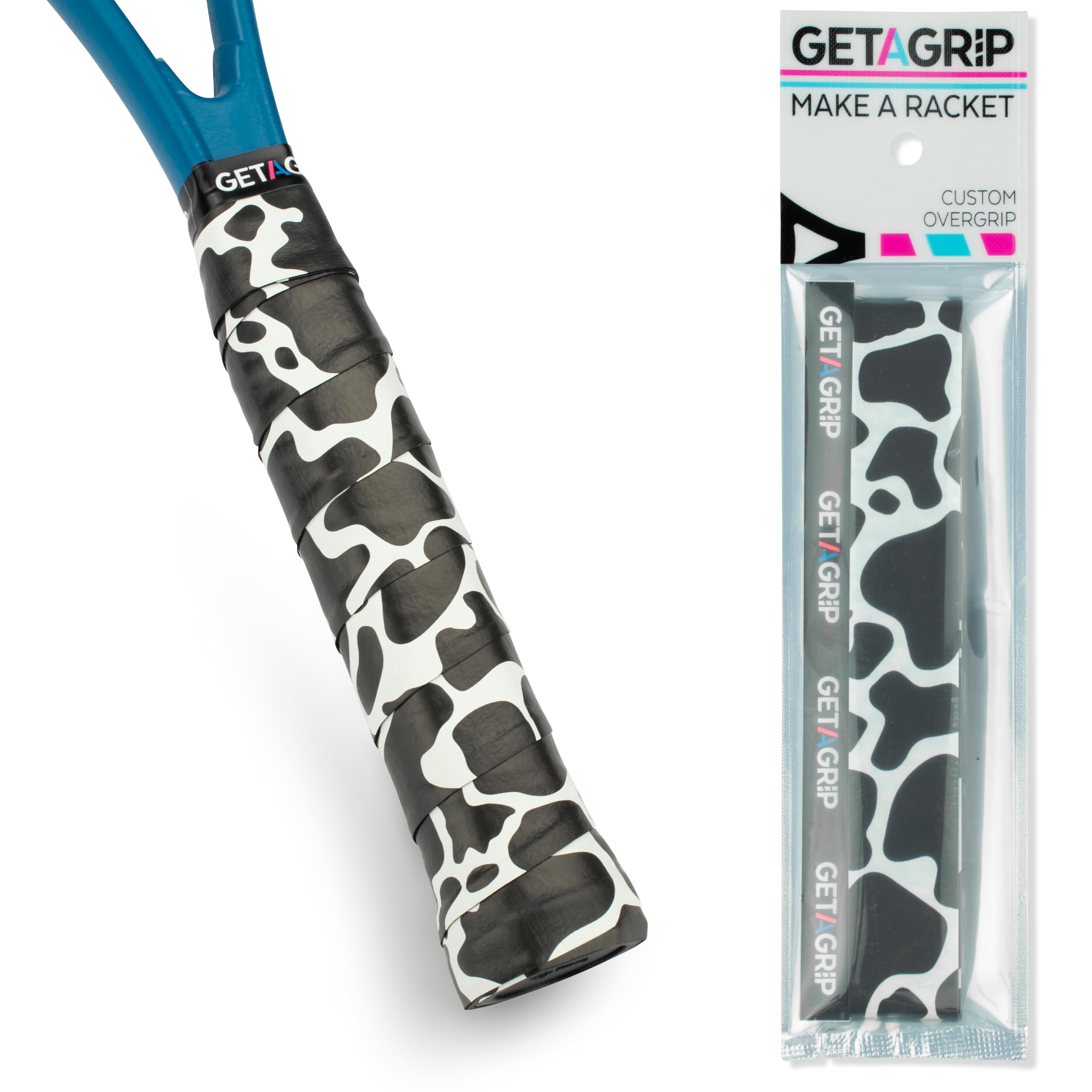 GET A GRIP - Custom Tennis Racket Grip Tape - Anti-Slip/Quick-Drying Tennis Overgrips - Precut Badminton Racket Grip with Finishing Tape - Squash Racket Grip Tapes (Cow-A-Bunga, 3)