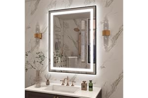 OKPAL 28x32 LED Bathroom Mirror with Lights, Black Lighted Mirrors for Bathroom Wall, Front and Backlit, Anti-Fog, Dimmable, Shatterproof, 3 Colors, Memory, Horizontal/Vertical