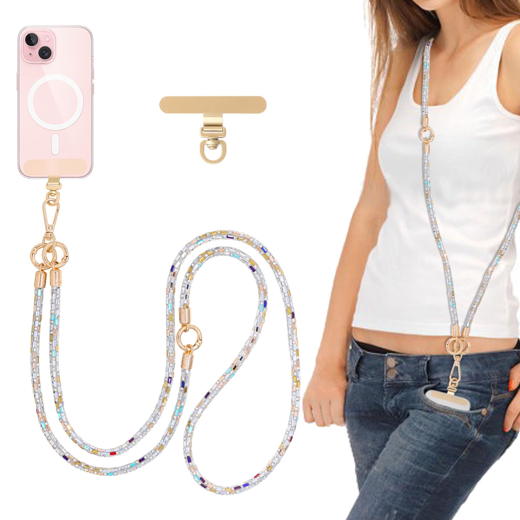 FUAHXYES Crystal Phone Strap Crossbody Rhinestone Anti Theft Layered Strap Crossbody Gold Metal Buckles Cell Phone Neck for Women (Colour)