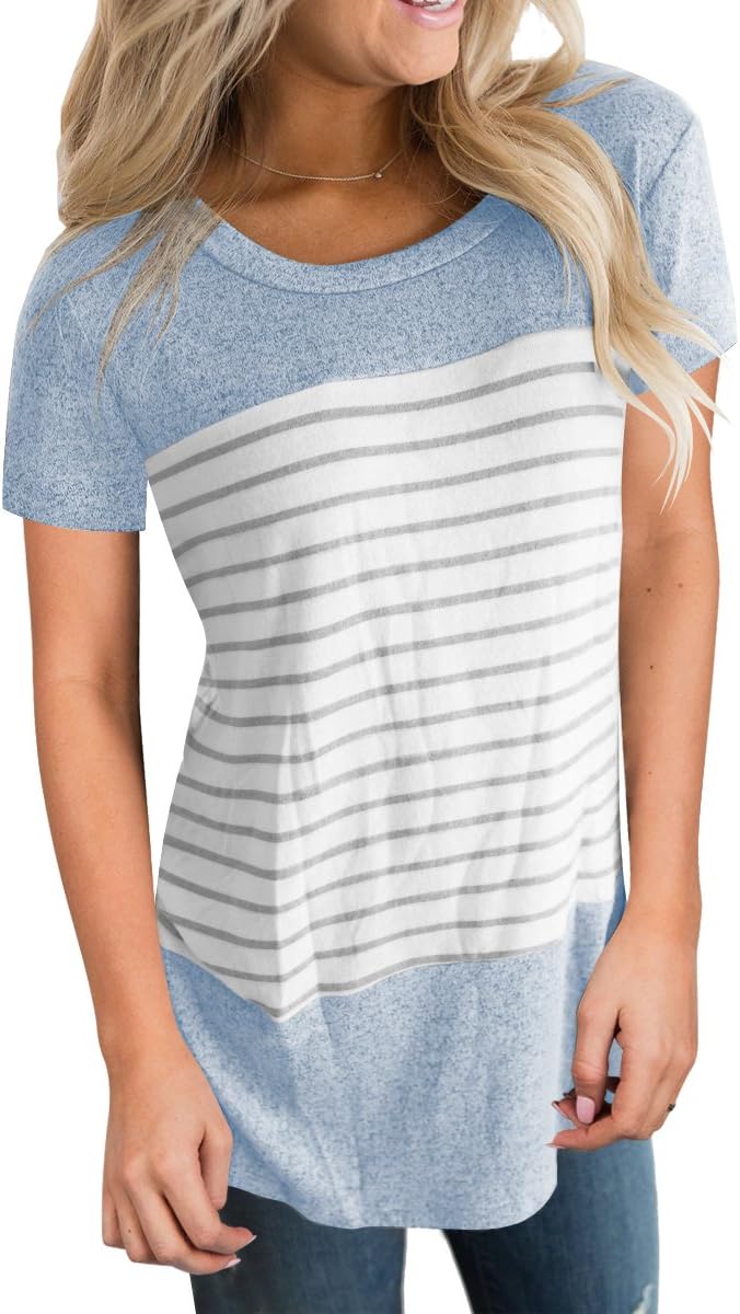 Vemvan Womens Summer Short Sleeve Round Neck T Shirts Color Block Striped Causal Blouses Tops