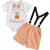 Newborn Baby Boy Halloween Outfit Pumpkin Letters Short Sleeve Bowtie Romper Plaid Suspender Shorts Set 2Pcs Clothes (Orange, 0-3 Months)