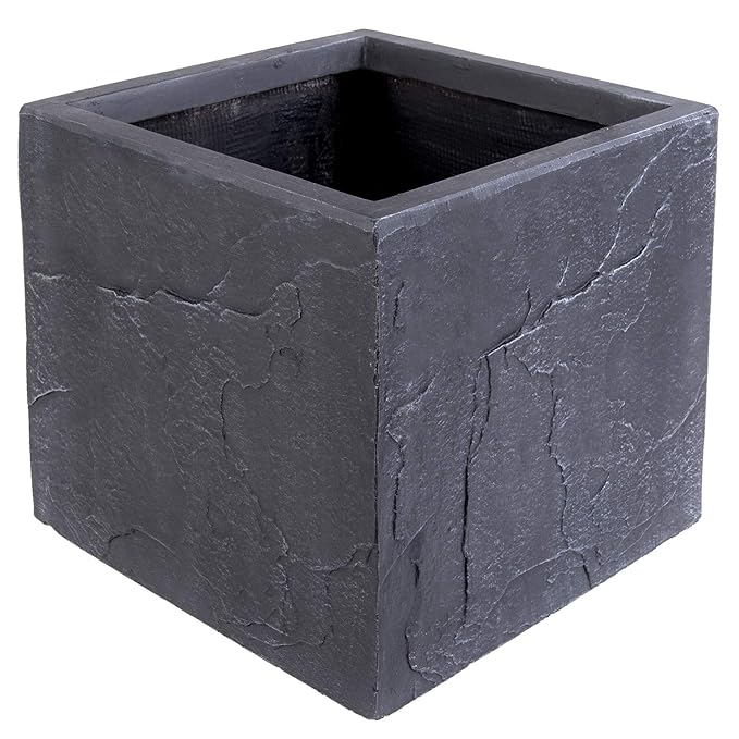 Köhko Designer-Blumenkübel Rock aus Magnesiumoxid (MgO) 32 x 32 x 30 cm | Pflanztopf in Schieferoptik 61001-32, anthrazit