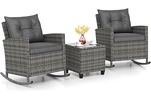 KOTEK 3 Piece Patio Furniture Rocking Bistro Set, Wicker Outdoor Rocking Chairs & Glass Table, PE Rattan Conversation Set for Porch, Balcony, Deck, Poolside (Mix Grey- Grey)