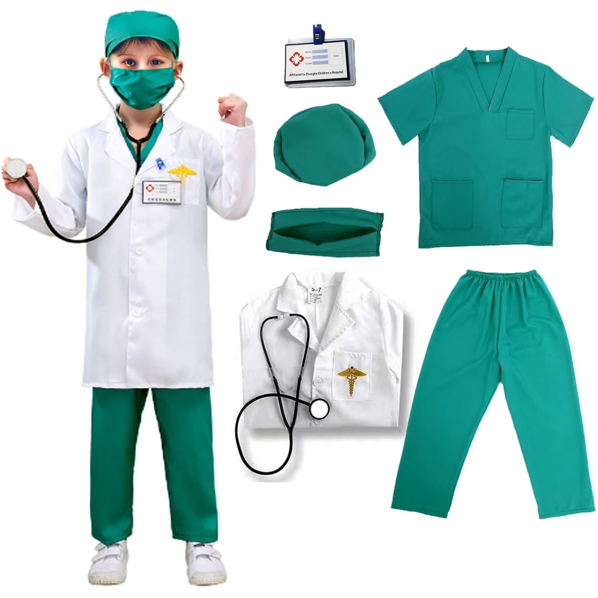VNNOPG Kids Doctor Costume Doctors Nurse Outfit Set Child Role Play Costumes Fancy Dress Up Playsets with Lab Coat，Mask and Scrubs Costume With Accessories(130)