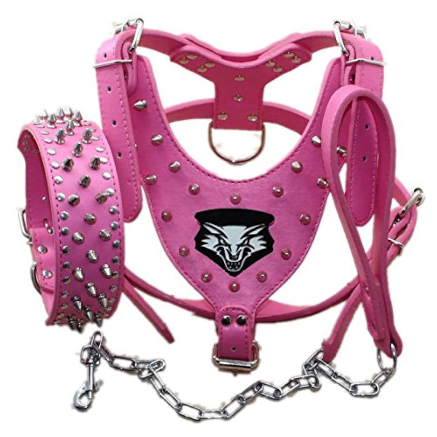 haoyueer Medium & Large Breed Leather Spiked Studded Dog Harness,Collar & Leashes 3Pcs Set for Medium & Large Dog Pit Bull,Mastiff, Boxer, Bull Terrier (XL, Hot Pink)