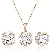 Bridal Crystal Jewelry Set - Sterling Silver Round Cubic Zirconia CZ Rhinestone Halo Birthstone Pendant Necklace Stud Earrings Set for Wedding Bride Bridesmaids Birthday Gift