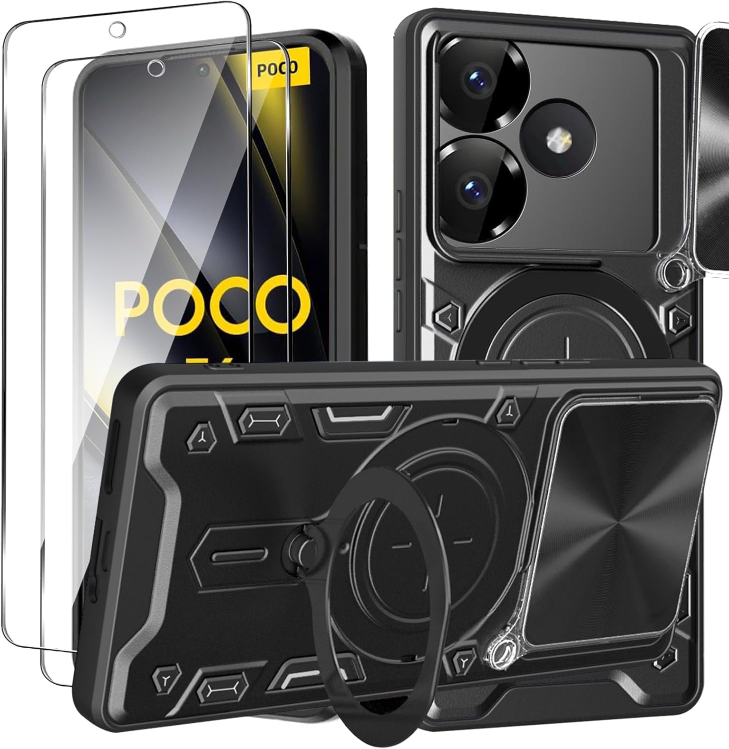 KUSINHOKA Case for Xiaomi POCO F6 + 2 Pack Screen With Slide Camera Protection Cover,Magnetic Metal Ring Kickstand Shockproof Military Grade Heavy Duty Tough Cover,Black