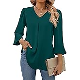 Funlingo Womens 3/4 Length Sleeve Tops Dressy Casual V Neck Business Chiffon Blouses Pleated Trendy Work Shirts