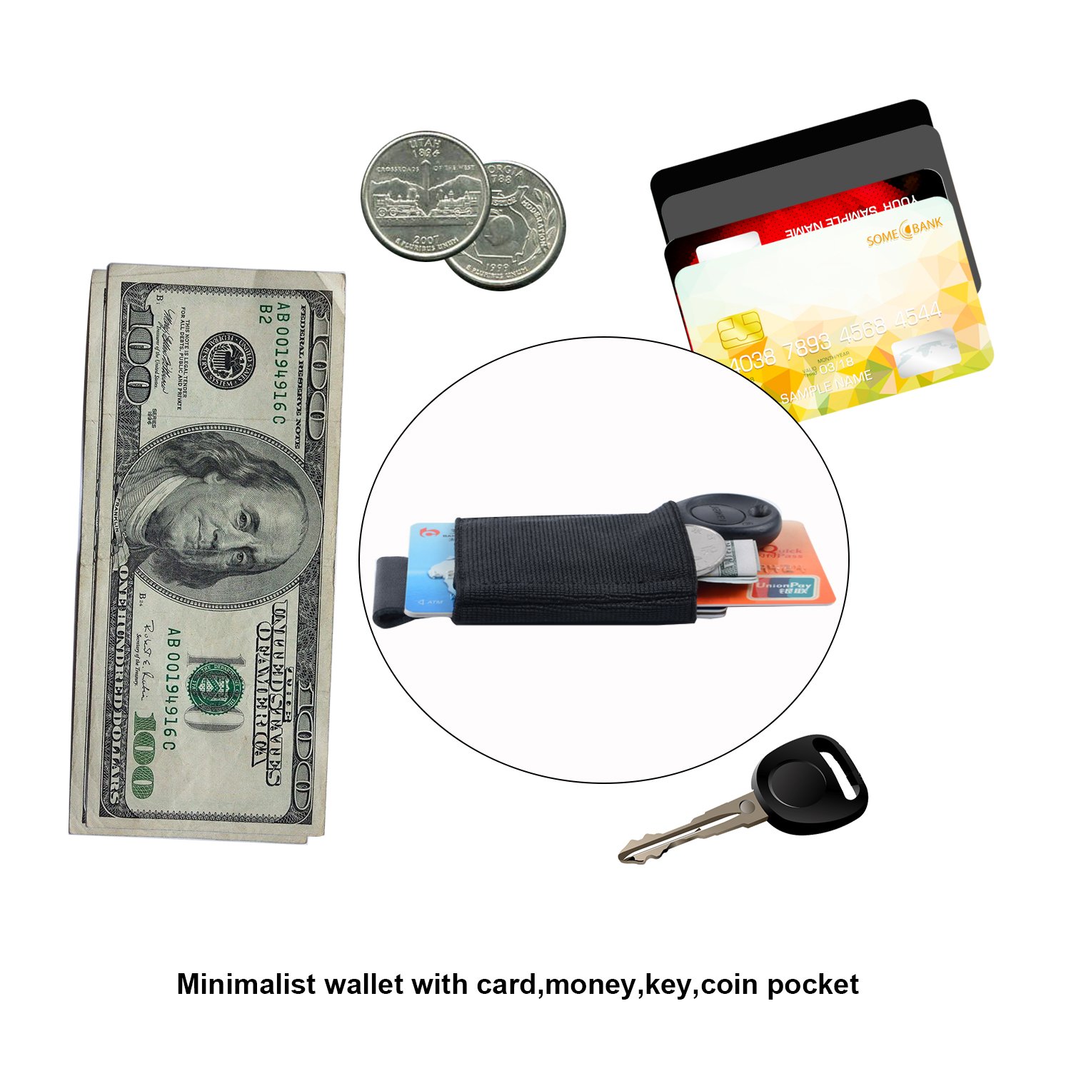 Slim Minimalist Wallet Thin Elastic Card Holder Leather Pull Up Tab With Front Pocket Cash Coin Key Holder For Men Women