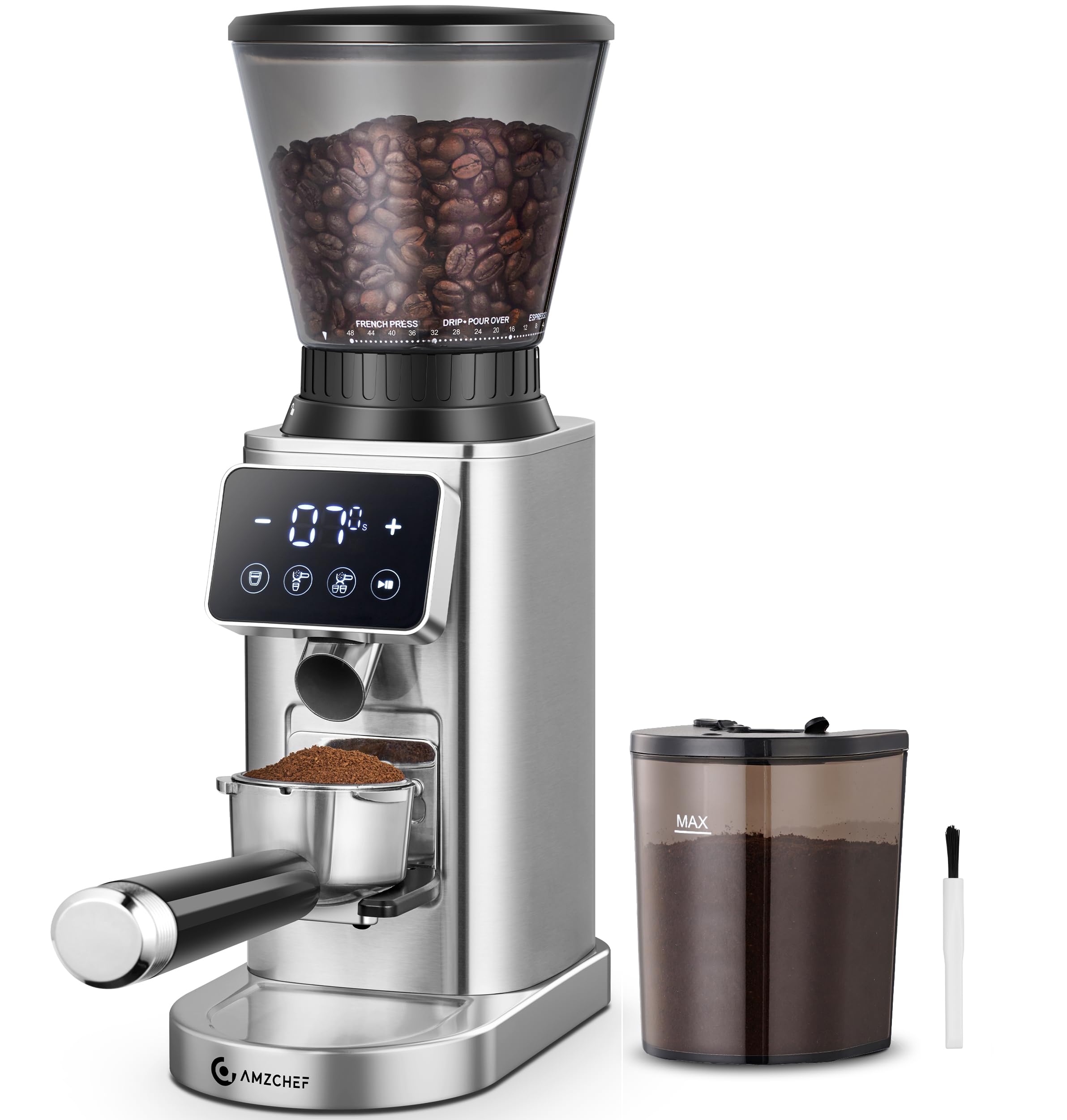 Photo 1 of AMZCHEF Coffee Grinder, Burr Coffee Bean Grinder for Home Use with 48 Precise Grind Settings, Detachable Funnel Stand for Espresso, LED Control Panel, Anti-static Design, silver