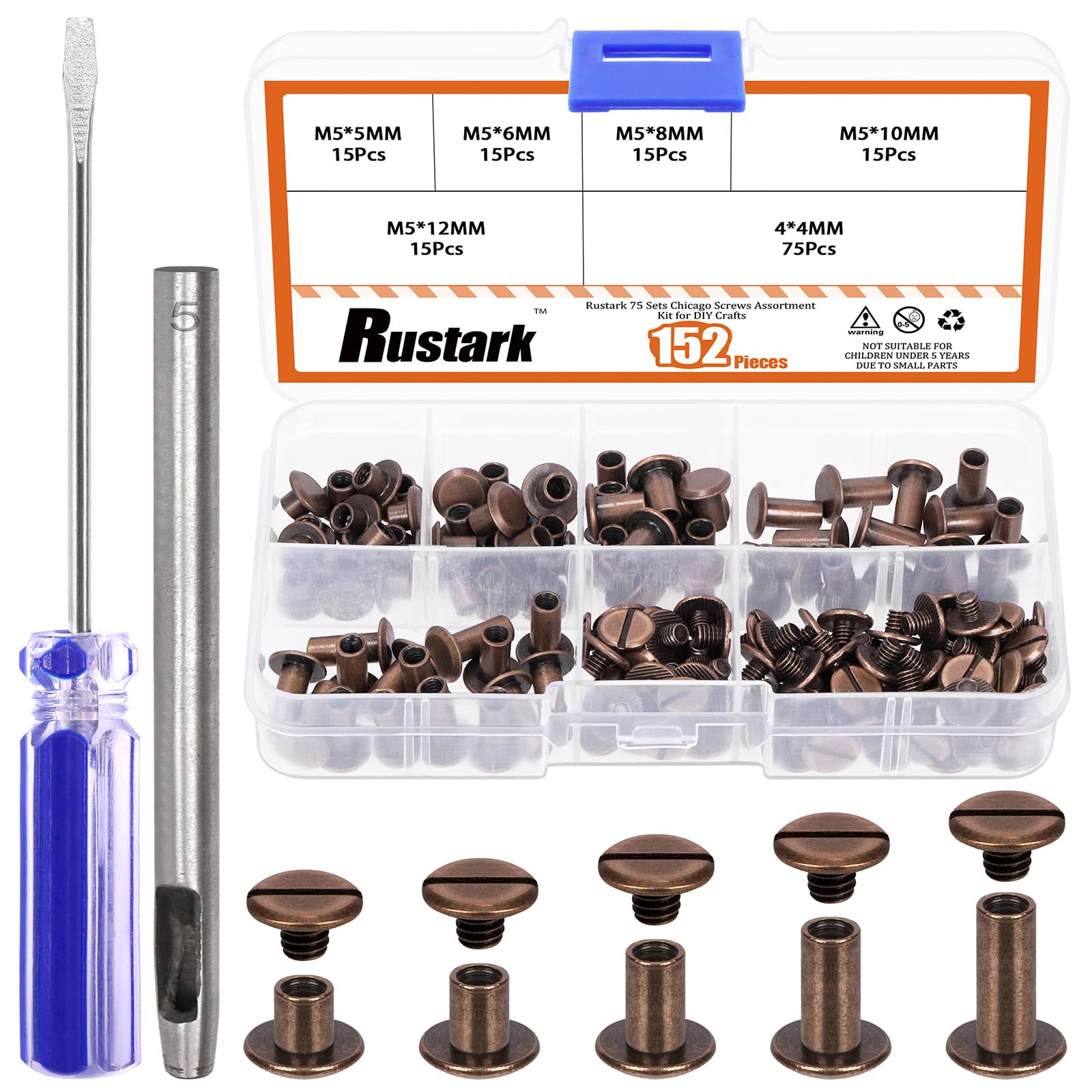 Rustark 75 Sets 5 Sizes M5 Red Copper Chicago Screws Assorted Kit with Setting Tools Kit, Round Flat Head Chicago Rivets Chicago Bolts Chicago Metal Screws Studs for DIY Leather Craft Bookbinding