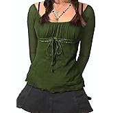 Y2K Mesh Top Women Long Sleeve Shirts Scoop Neck Ruffle Hem Babydoll Blouse